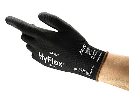 Ansell HyFlex 48-101 Guantes de Trabajo de Nylon, Guante Duradero Multiusos Para el Sector Mecánico, Industrial y Automotriz, Negro, Tamaño 6 (12 Pares)