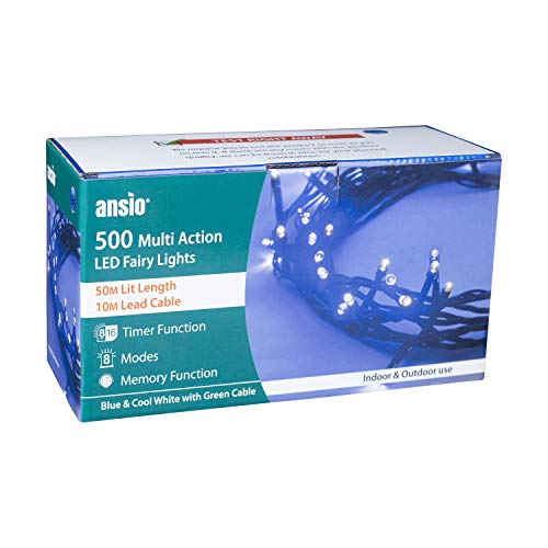 ANSIO Cadena Luces de Navidad 500 LED azul y blanco brillante Interior/Exterior Luces de árbol luces de hadas alimentadas red 50 M de longitud de luz con Cable verde