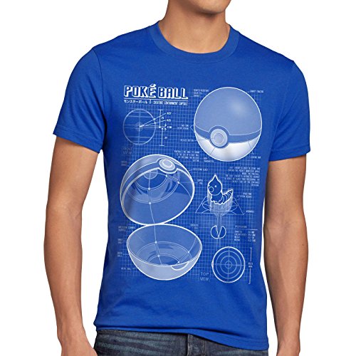 A.N.T. Poké Ball Cianotipo Camiseta para Hombre T-Shirt Monstruos Videojuego, Talla:S, Color:Azul