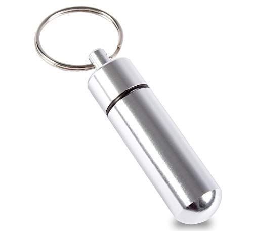 Aribari Pastillero de Aluminio Mini con Llavero. Caja de Pastillas Impermeable. Cápsula de Emergencia. Etiqueta de Regalo o Etiqueta de dirección. Longitud 5,2 cm ø 1,4 cm (Plata 1 Pieza)