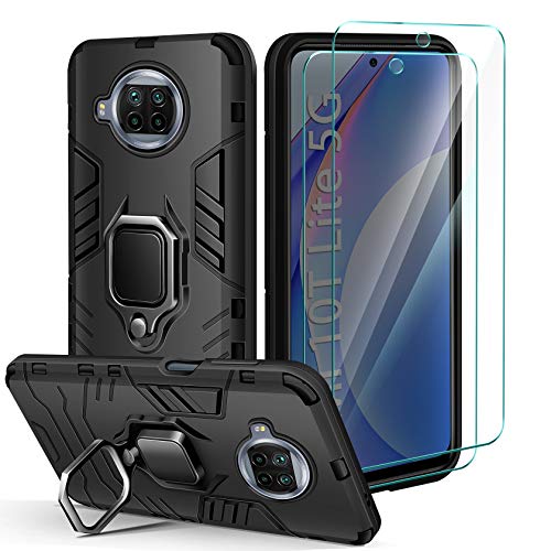 AROYI Funda Compatible con Xiaomi Mi 10T Lite 5G y 2 Piezas Protector Pantalla Cristal Templado, Suave Armadura híbrida Robusta Soporte Magnético Plegable Anti-arañazos - Negro