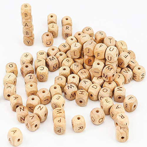 ARTESTAR 100 Piezas 12x12mm Cuenta de Madera con Letras Cadena de Chupete DIY Collar de Lactancia Cuentas de Madera del Alfabeto de Dentición para Bebé Niños y Niñas