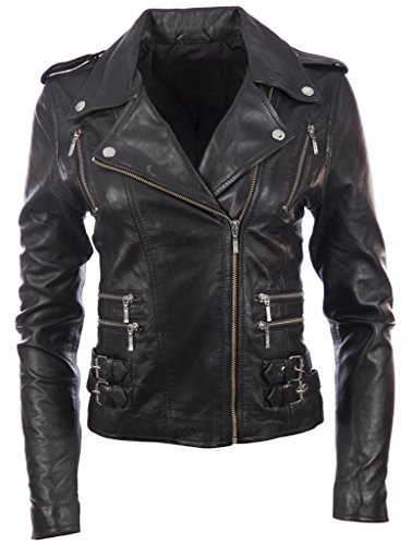 Aviatrix Chaqueta Biker De Cuero Autentica para Mujer con Multiples Cremalleras (AGSM)