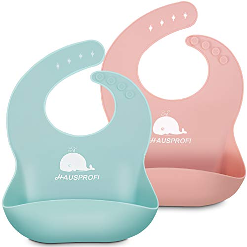 Baberos para Bebés, 2 Piezas Baberos de Alimentación de Silicona Impermeables para Niñas y Niños, Baberos Bebe Silicona con un Amplio Bolsillo para Recolector Migas de Alimentos (Verde Claro & Rosa)