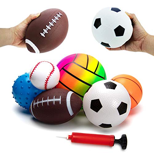 BACIVIC - 6 pelotas de juguete, Softball para los más pequeños, baloncesto, fútbol, tenis, alivio del estrés para niños, con bomba, para bebés a partir de 3 meses, multicolor