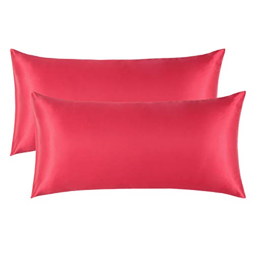 Bedsure Funda Almohada 40x80cm Satén Rojo - Juego de 2 Fundas Almohadas 80x40 Pelo Rizado, Muy Liso Suave de 100% Microfibra, Antiarrugas sin Cremallera, 2 Piezas