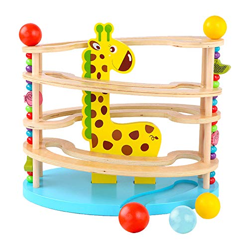 BeebeeRun Juguetes de Madera para niños, Juguetes educativos Montessori, Circuito Canicas,Circuito de Bolas de Madera Natural con 3 Bolas y Piezas para rodar, Juego de Mesa de construcción Marble Run