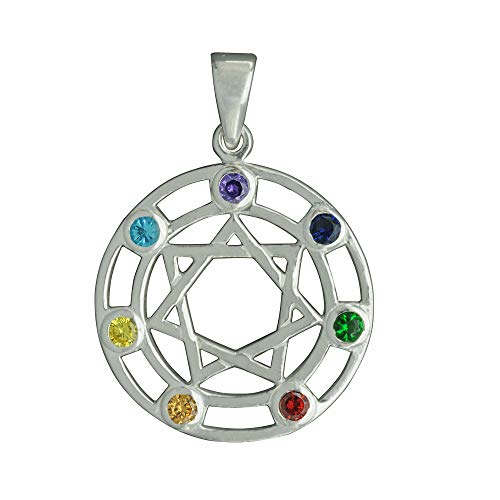 Beldiamo Colgante de plata de ley 925 con diseño de estrella elfa, septagrama heptagrama, estrella de hada, wicca pagana, circonita cúbica multicolor