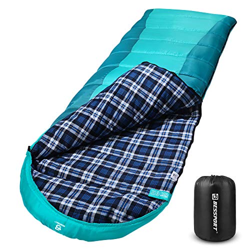 Bessport Saco de Dormir Franela del algodón, por 3-4 Estaciones, Ultra-Compacto y Ligero, 220 cm x 80 cm, para Viajes, Camping, Senderismo, Escalada-Green&Blue