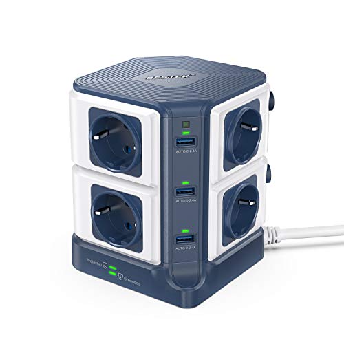 BESTEK Regleta Enchufe Vertical de 8 Tomas y 6 Puertos USB, Regleta con Protección contra Sobretensiones y Interruptor, Torre Ladron Alargador(1500J Surge Protección, 3600W/16A, Cable de 3 m)-Azul