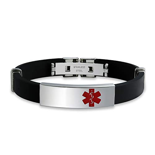 Bling Jewelry Médicos grabables Médico Alerta ID Pulsera de identificación para Hombres para Adolescente Tono Plata Acero Inoxidable Caucho Negro