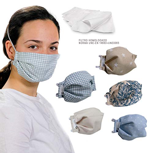 BLUE SKY PACK 5 UDS MASCARILLAS DE TELA LAVABLE REUTILIZABLE 2 CAPAS + BOLSILLO CON 5 FILTROS TELA HOMOLOGADOS INCLUIDOS. DOBLE AJUSTE ELASTICO CABEZA.