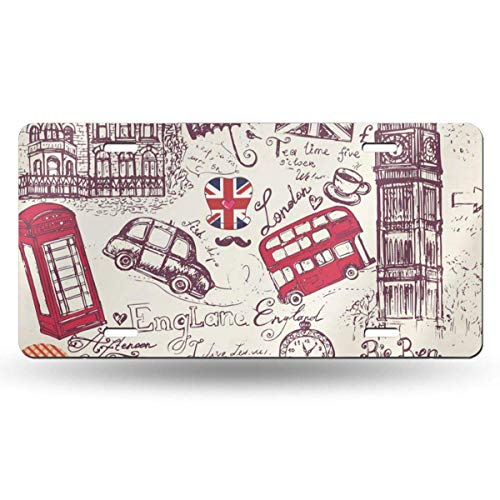 BRIGHT JUNAY Placa de matrícula de Metal Genial, Landmark England London Symbols Flag Sketch Europe Bus English Car Front License Plate 6 Pulgadas x 12 Pulgadas