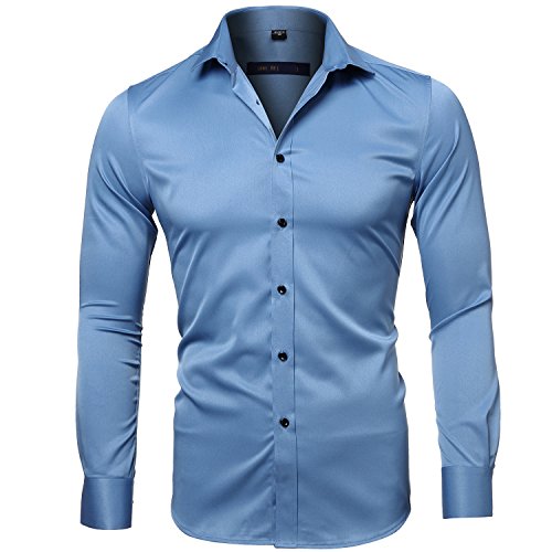 Camisa Bambú Fibra Hombre, Manga Larga, Slim Fit, Camisa Elástica Casual/Formal para Hombre, Azul Agua, 42 (Cuello 42CM, Pecho 112CM)