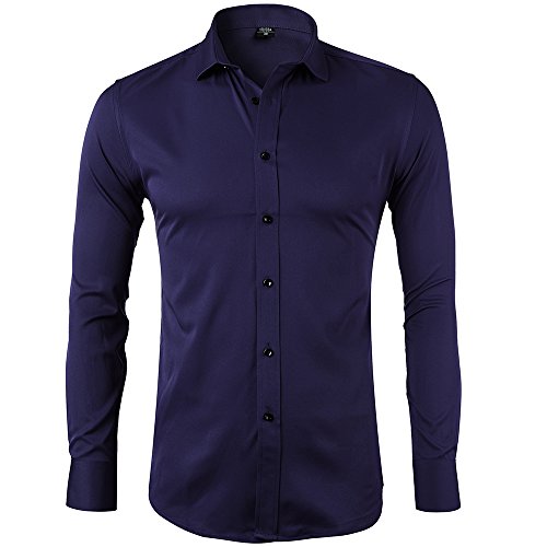 Camisa Bambú Fibra Hombre, Manga Larga, Slim Fit, Camisa Elástica Casual/Formal para Hombre, Azul Marino, 40 (Cuello 40CM, Pecho 104CM)