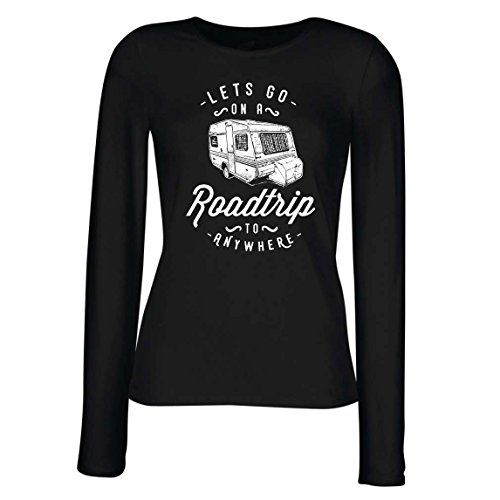 Camisetas de Manga Larga para Mujer Viaje por Carretera a Cualquier Lugar, Vacaciones Familiares, Amor Camping - Salvaje, Bosque, Vacaciones en la Playa (Small Negro Multicolor)