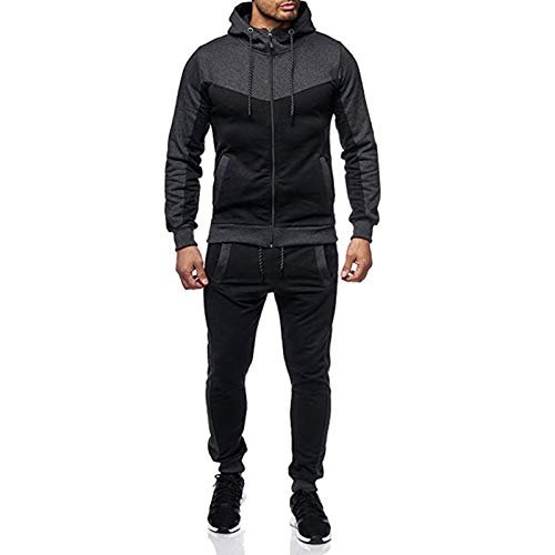 Chándal Hombre Completo 2 Piezas Conjunto de Ropa Deportiva Top Sudadera de Manga Larga con Cremallera y Capucha + Pantalones Largos de Cintura Elástica Traje Informal Otoño Primavera (Gris, L)