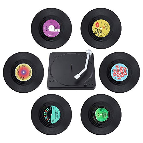 Coolty 6 Piezas Posavasos de Vinilo Retro para Discos de CD, Antideslizante Aislante Redonda Posavasos con Soporte