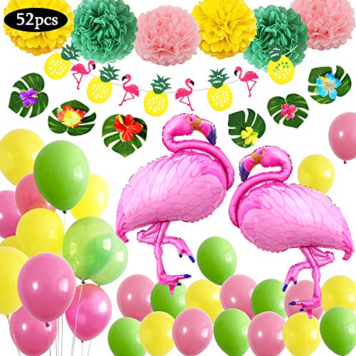 Decoración de fiesta en la playa hawaiana,Suministros fiesta de verano tropical con 6 hojas,6 flores,2 globos grandes flamenco 30 Globos 1 bandera colorida 6 flores de papel 51 Piezas