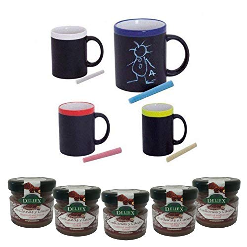 Deliex delicias de Extremadura Lote Tazas Desayuno Pizarra Cerámica Colores Variados Tiza Dibujar Niños, Regalo Evento (15 ud) Incluye 5 Crema Cacao