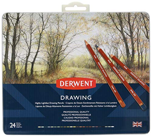 Derwent Drawing - Lápices de dibujo en estuche de metal (24 colores, de madera)