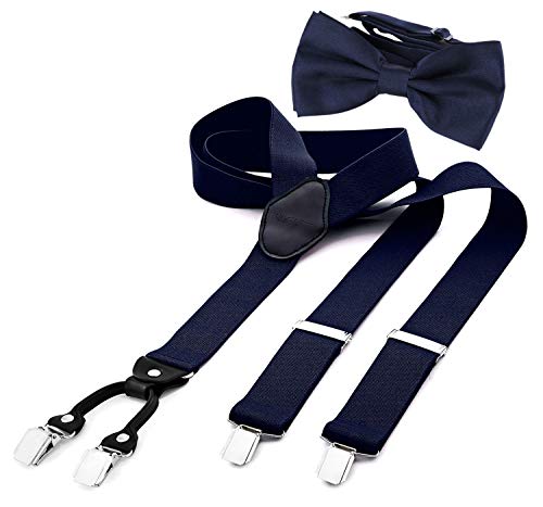 DonDon Tirantes para hombres ancho 3,5 cm en forma de Y, elásticos y ajustables en paquete de 2 con pajaritas adecuada 12 x 6 cm - Azul noche