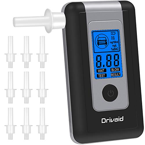 Drivaid Alcoholimetro Digital Homologado, Recargable Portatil Alcoholímetro con Martillo de Seguridad, Pantalla LCD, Sensor Semiconductor, Alta Precisión, Batería de Litio (B)