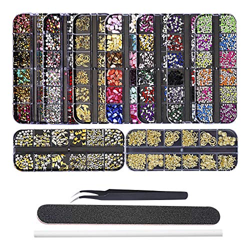 EBANKU 9 Cajas Decoración Adornos de Uñas Piedras 3D Pedrería Cristales de Uñas Diamantes Rhinestones Nail Glitter con Pinzas, Ceras Pluma de Punto y Lima de Uñas