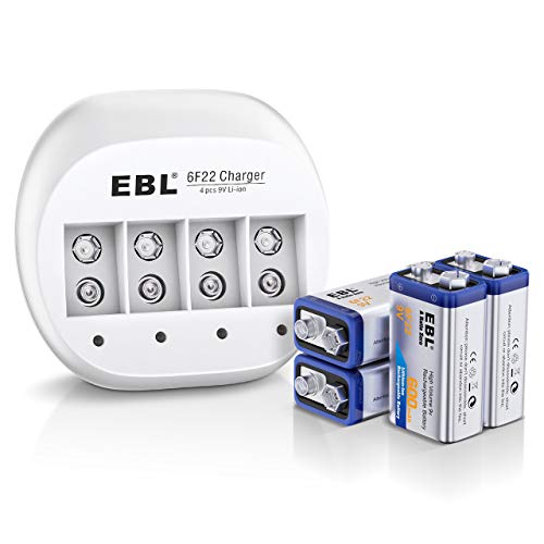 EBL 4 PCS 9V Pilas Recargables, 4 Ranuras Cargador con Pilas Recargables 600mAh de 9V, Puerta USB, LED Indicador