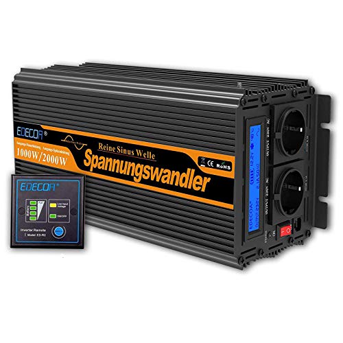 EDECOA Inversor 12v 220v Onda Pura inversor 1000w convertidor de Voltaje 12v 220v Onda Pura LCD con Mando A Distancia y Dos Puertos USB