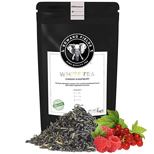 Edward Fields Tea ® - Té blanco orgánico a granel con Grosella y Frambuesa. Té bio recolectado a mano con ingredientes y aromas naturales, 100 gramos, China.