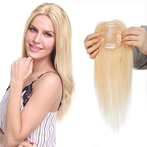 Elailite Protesis Capilares Clip Pelo Natural Hair Topper Mujer Toupee Flequillo Encaje 6cm*9cm Postizo Cabello Humano Largo 45cm Pesa 35 Gramos #24 Rubio Natural