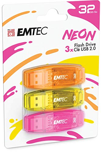 EMTEC - Memoria Flash USB 2.0 C410 de 32 GB, Lectura de 5 MB/S, Escritura de 15 MB/S, Compatible con USB 2.0, USB 3.0, Transparente neón neón con Tapa, Pack de 3