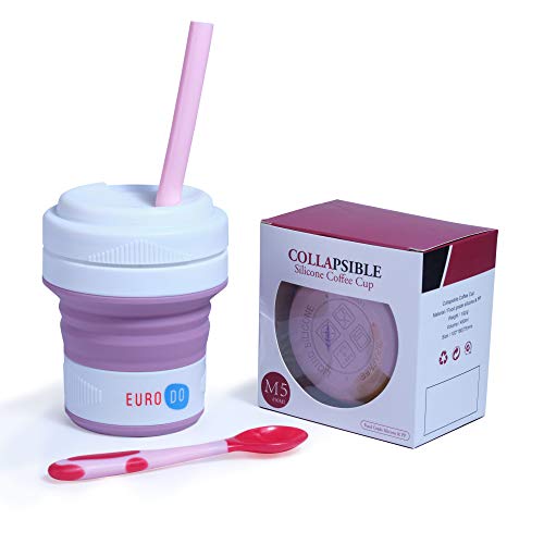 EURODO Taza de Café 450ML para Llevar con Tapa, Pajita y Cuchara - Taza de Viaje Reutilizable Plegable de Silicona - Taza Portátil Cierre Hermético (Rosa)