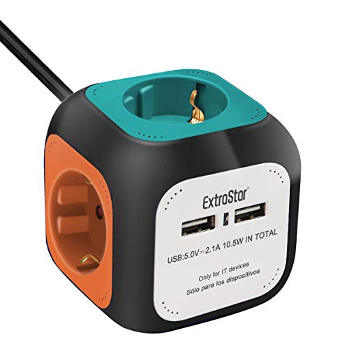 Extrastar PowerCube (Extended USB 1.5 m) Regleta de 4 Salidas, con 2 para Carga de USB 5V (Multicolor)