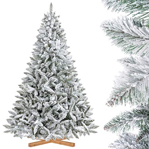 FairyTrees Pícea Natural con Nieve, Árbol de Navidad Artificial, PVC, Soporte de Madera, 220cm