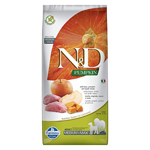 Farmina N/D Pienso para perros Adultos Medianos/Maxi sin grano,12 kilogramos, con jabalí, calabaza y manzana