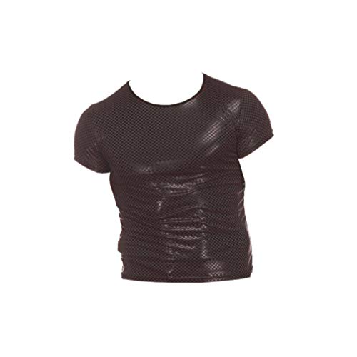 FENICAL Camiseta de Cuero de PVC para Hombre Aspecto Mojado Malla de Rejilla Trajes Ajustados de Musculatura Superior l Negro