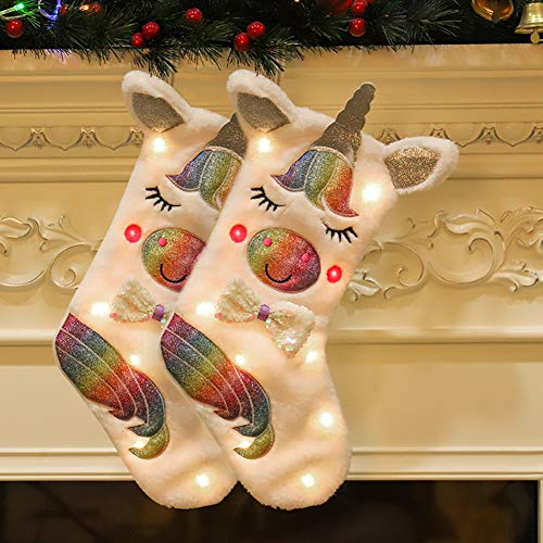 FREESOO Medias de Navidad, Juego de 2 Calcetines de Navidad Bolsa de Regalo Unicornio con Luces Mini Botas Bolsillo Calcetín Bolsa de Dulces Decoración para Año de Dulces Navidad Árbol Chimenea