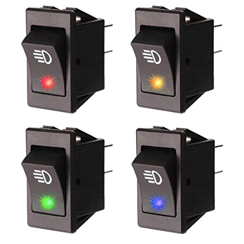 Gebildet 4 Piezas 12VDC/35A Coche LED Interruptor de Palanca Delantero de la Luz Antiniebla, 4 Pines ON/Off Interruptor Basculante Universal para Lámpara Luz Niebla (Rojo/Azul/Verde/Amarillo)