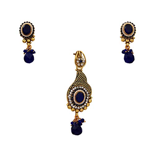 Gemsonclick Juego de collar de diamantes americanos con pendientes de diseño antiguo, chapado en oro con circonita cúbica adornado para mujeres y niñas azul