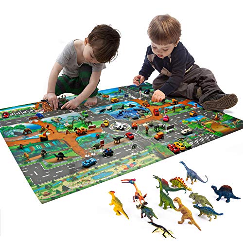 GLCS GLAUCUS Alfombra de Juguete Dinosaurios Tapete de Juego 100 * 130cm PVC Impermeable Alfombra de Plástico para Niños, con 12 Dinosaurios