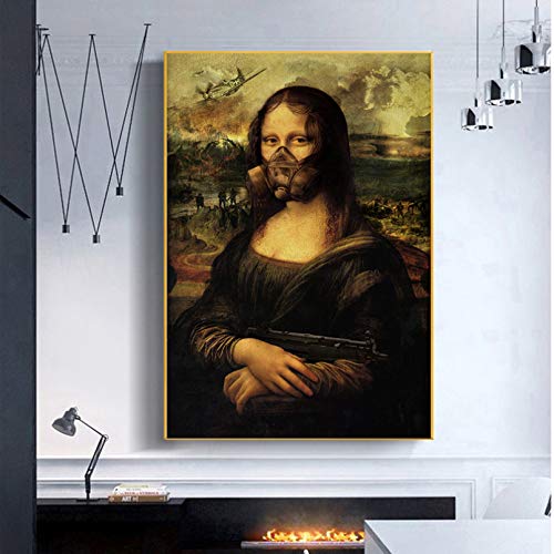 GUDOJK Cuadro Decorativo de impresión en Lienzo Arte Divertido Mona Lisa Hold In The War Cuadros artísticos de Pared Pinturas en Lienzo Carteles e Impresiones para decoración de Sala de estar-60x80cm