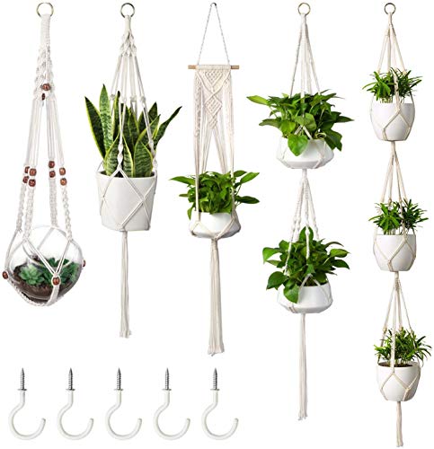 HB life Macramé Perchas de Plantas Set of 5 Jardinera para Colgar en Interiores Basket Titular de Maceta Decoración del hogar de latón Caja de Regalo