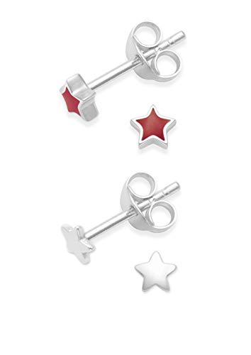 Heather Needham Silver 2 pares de pendientes de estrella de esmalte rojo y plata lisa, tamaño pequeño, 3 mm, caja de regalo 5572RD y 5148