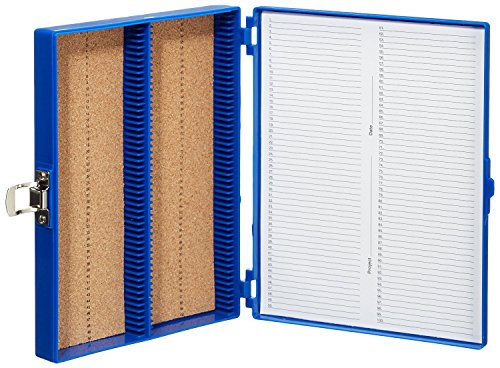 Heathrow Scientific HD15994A - Caja para portaobjetos (revestimiento interior de corcho, capacidad: 100 portaobjetos, longitud x anchura x altura: 208 mm x 175 mm x 34 mm), color azul