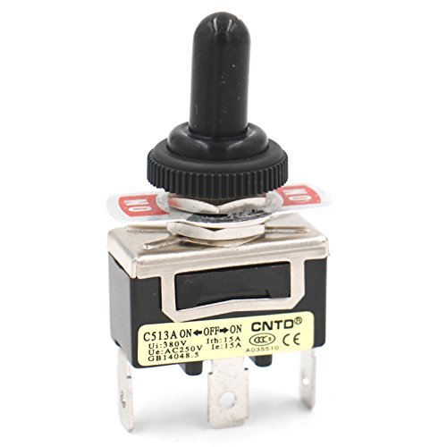 Heschen Interruptor de palanca de metal SPDT mantenido (enganche) ON/OFF/ON 3 posición 15A 250VAC CE de 3 lengüetas con tapa a prueba de agua