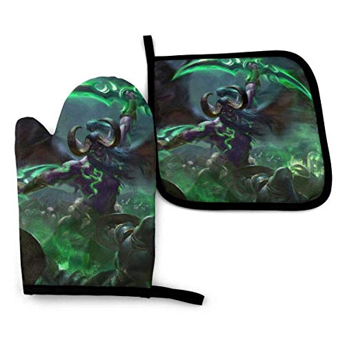 HGFK World Warcraft Illidan Mitones para horno y ollas Juegos de guantes colgantes Hornos Ollas Juego de 2 piezas, para cocina Barbacoa antideslizante Resistente al calor Cocina Hornear Parrilla Lava