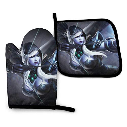 HGFK World Warcraft Oven Mitts and Pot Holders Sets Guantes para hornos colgantes Soportes para ollas Juego de 2 piezas, para cocina Barbacoa antideslizante resistente al calor Cocción Hornear Parril