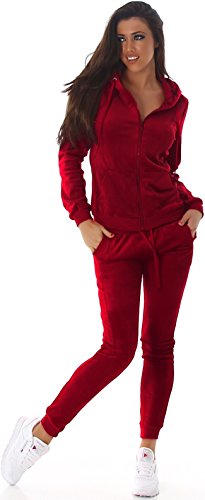 Jela London - Conjunto de chándal para mujer, traje para entrenamiento velours terciopelo, set de chaqueta y pantalón (34/36/38/40) Rojo oscuro. M